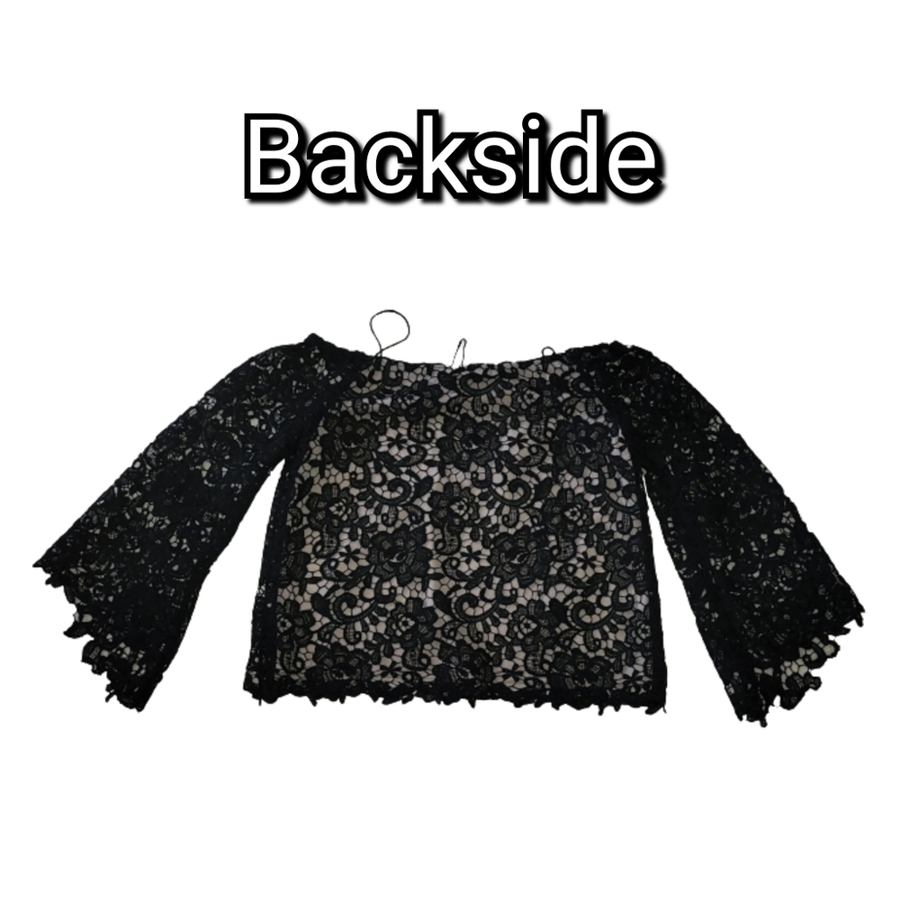 Alice+Olivia Prena Silk Blend Lace Trumpet Sleeve Top Black Size Small NWOT - Picture 12 of 15